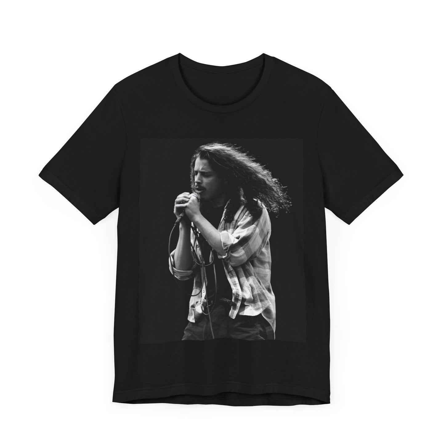 A black graphic t-shirt featuring a black and white graphic of Chris Cornell from 1996.
