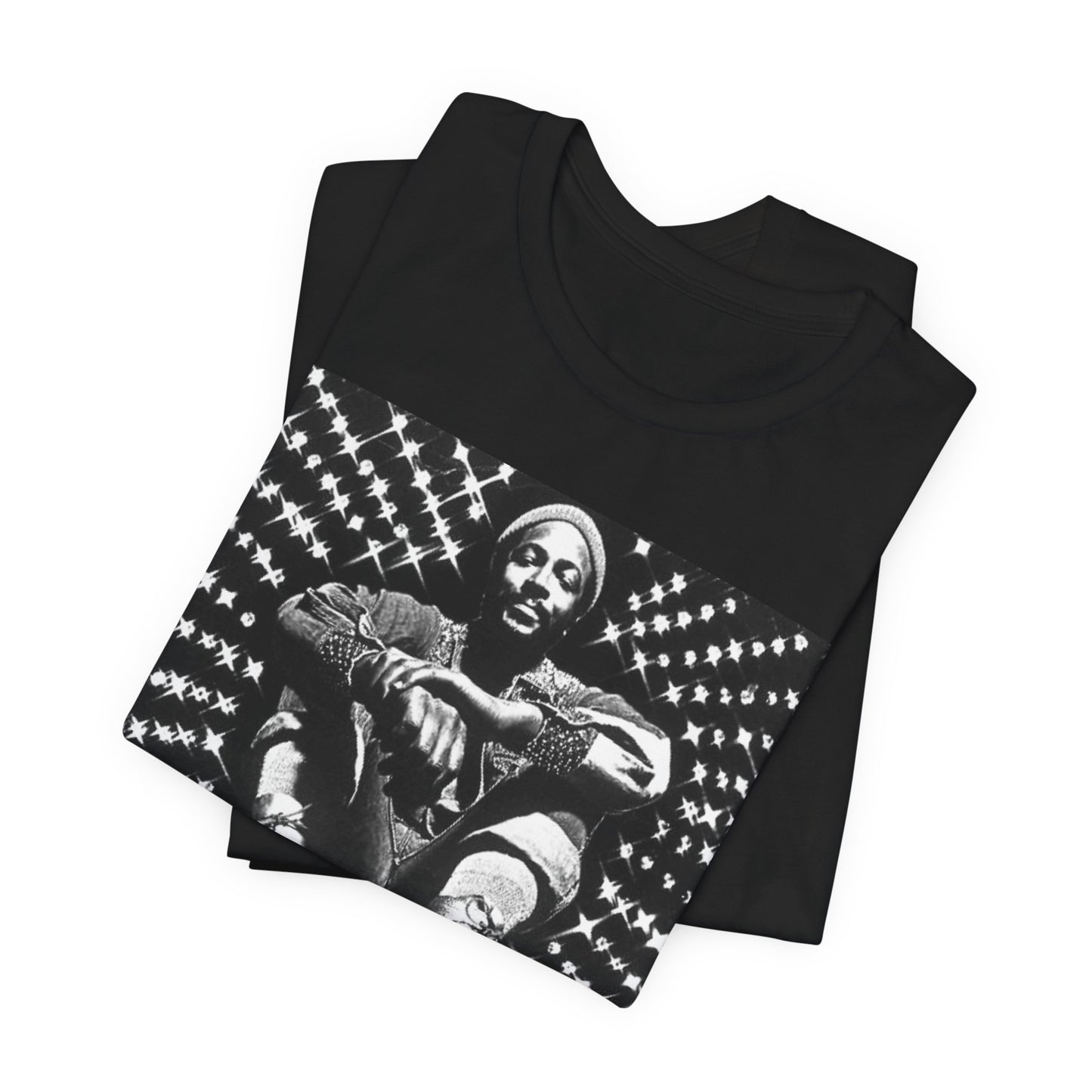 A black graphic t-shirt featuring a black and white vintage soul icon graphic of Marvin Gaye.