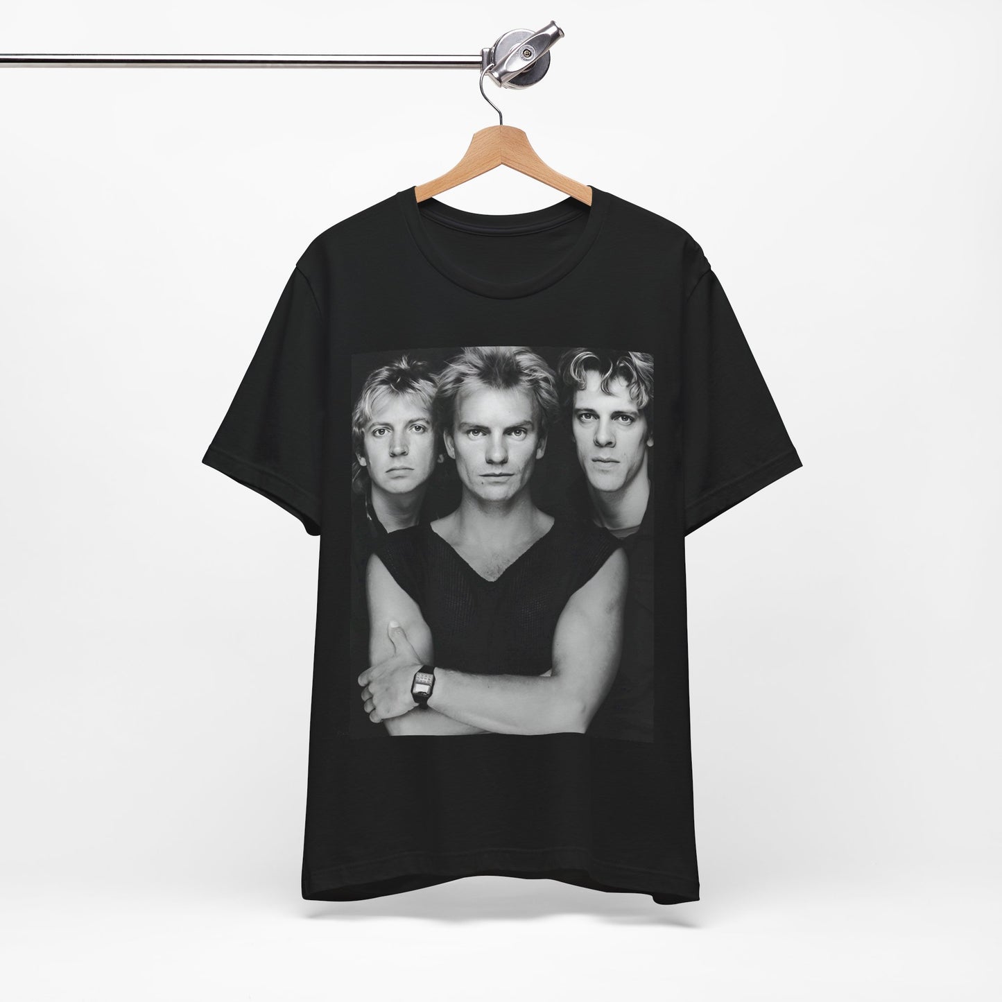 A black graphic t-shirt featuring a graphic related to The Police's 'Every Breath You Take' song or era.