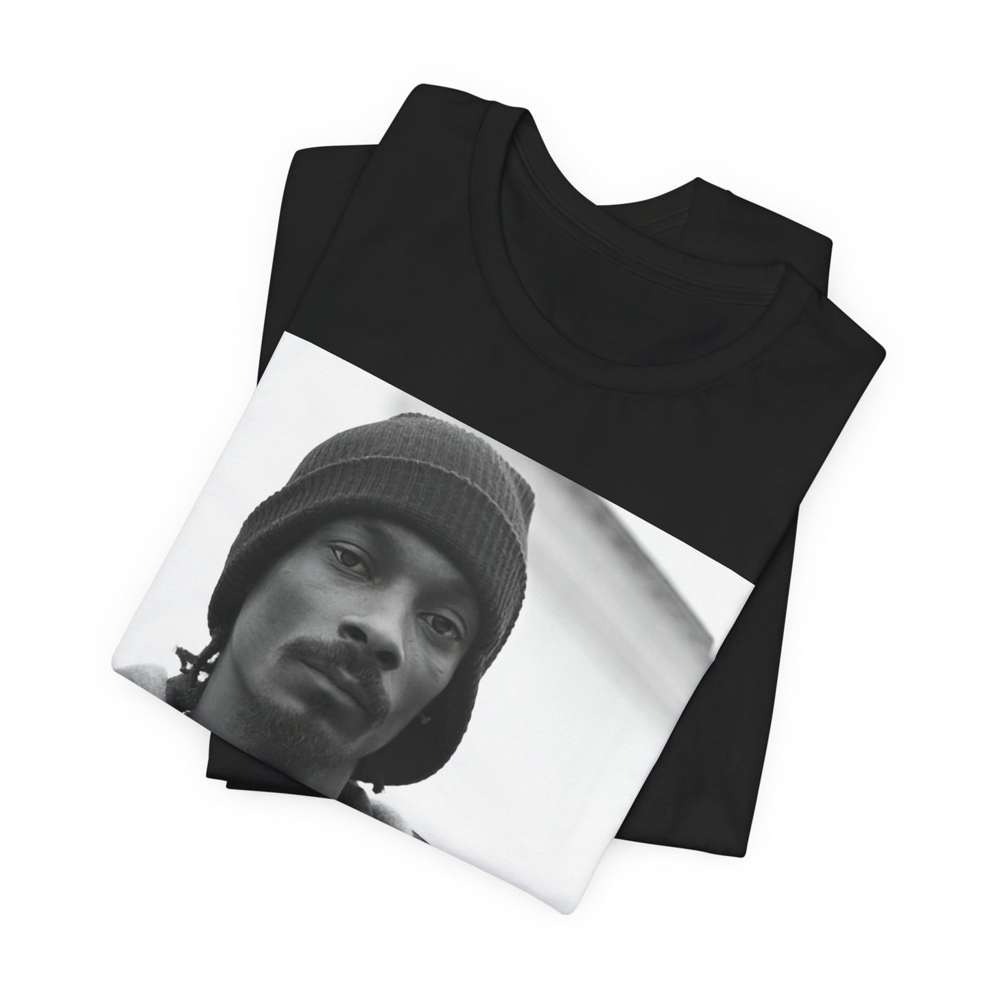 A black graphic t-shirt featuring a black and white, monochrome graphic of Snoop Dogg with an OG cool vibe.