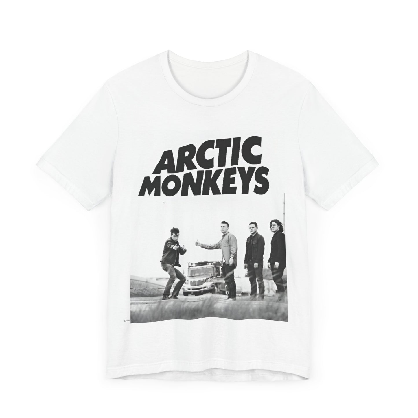 A black graphic t-shirt featuring the Arctic Monkeys logo in black and white.