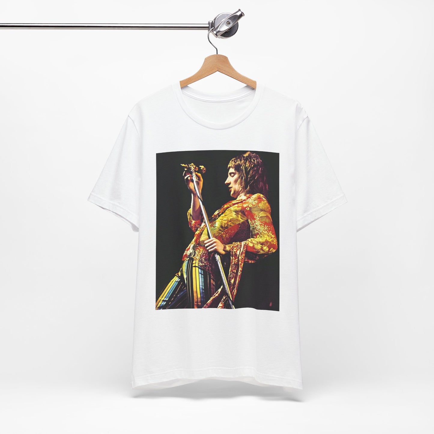 A black graphic t-shirt featuring a fierce graphic of Rod Stewart performing on stage from the 70s.
