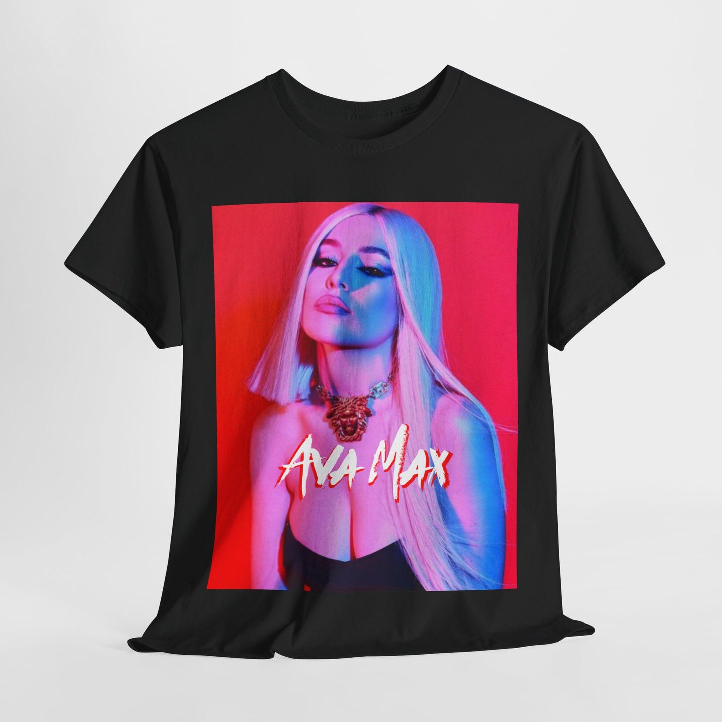 A black graphic t-shirt featuring a colorful pop art style graphic of Ava Max, with bright hues and bold lines.