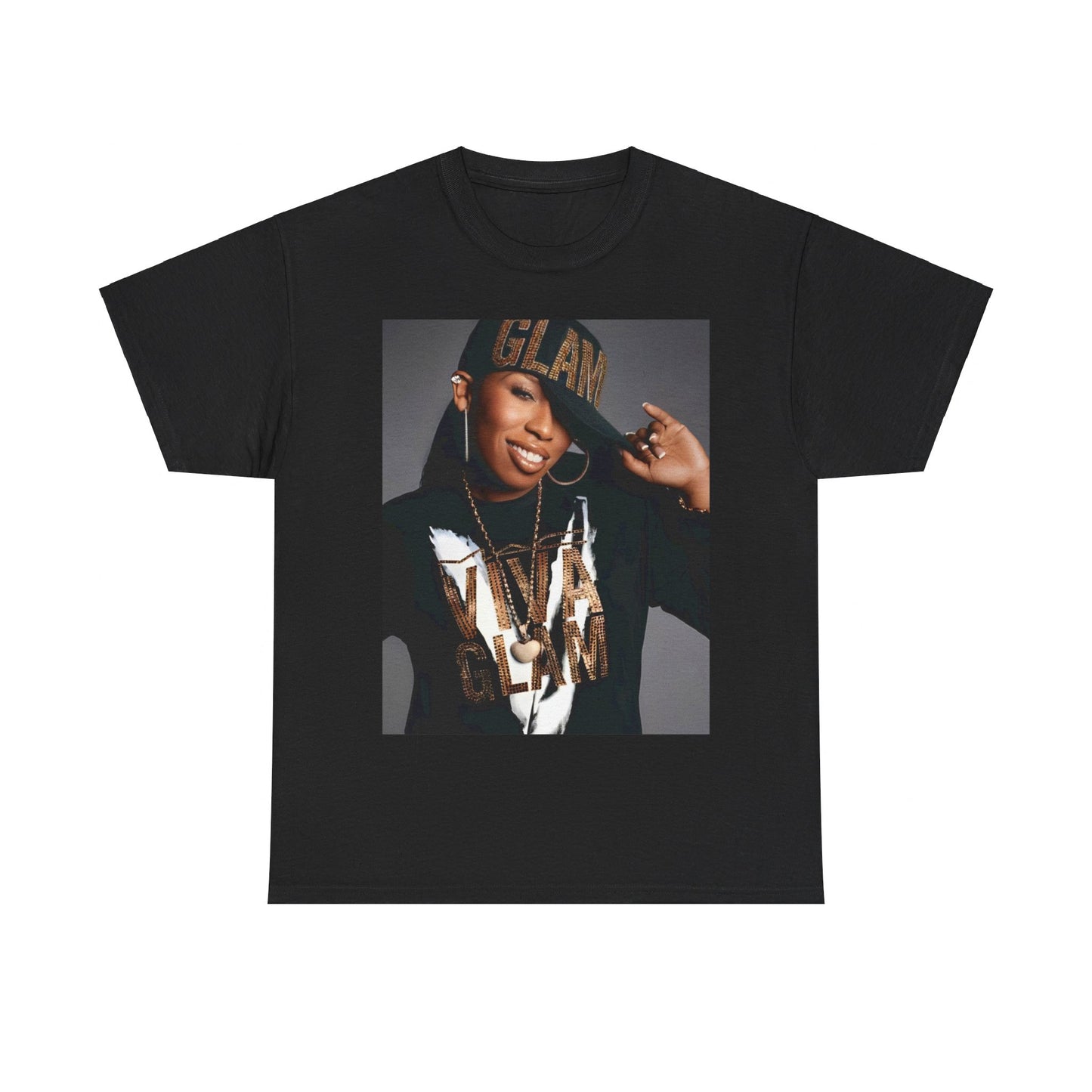 A black graphic t-shirt featuring a 90s graphic of Missy Elliott as a global rap phenomenon.
