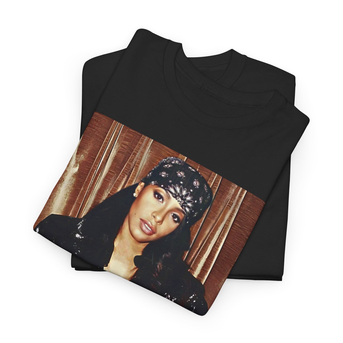 A black graphic t-shirt featuring a tribute graphic for Aaliyah, representing her legacy.