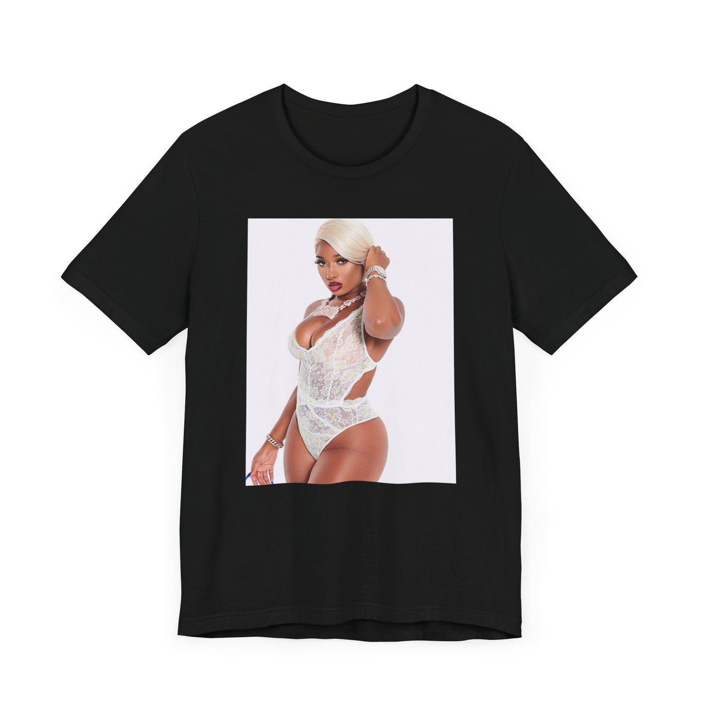 A black graphic t-shirt featuring a graphic of Megan Thee Stallion in a 'Hot Girl' rap style.