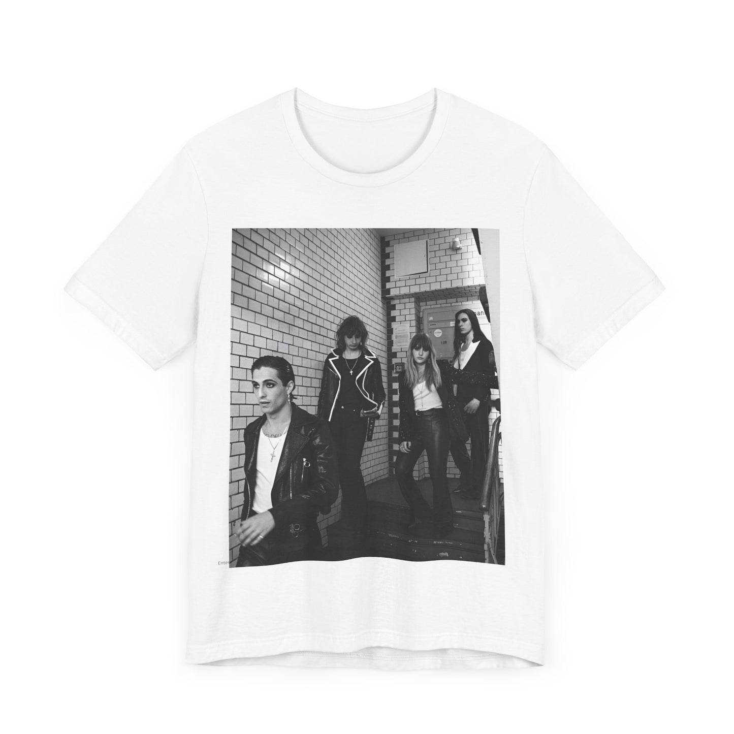 A black graphic t-shirt featuring a black and white graphic or photo of Maneskin in a backstage setting.