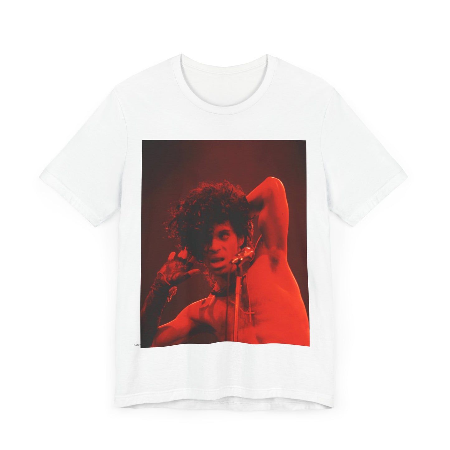 A black graphic t-shirt featuring a concert pop fan graphic of Prince.