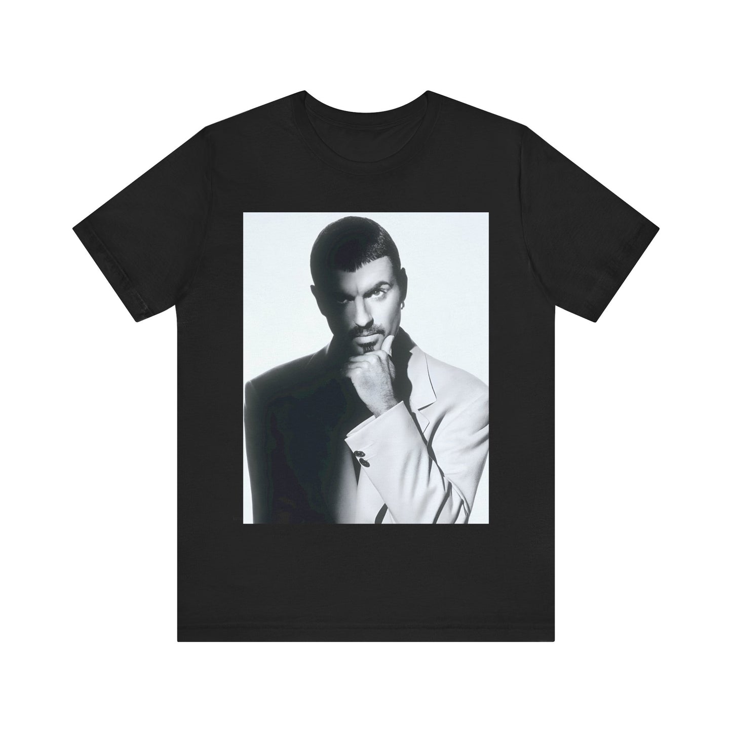 A black graphic t-shirt featuring a 90s aesthetic graphic of George Michael.