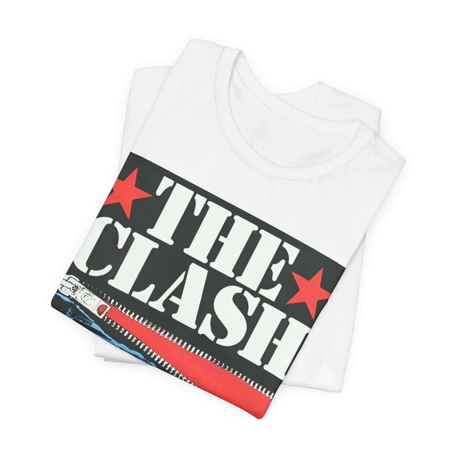 A black graphic t-shirt featuring a casual punk fan graphic of The Clash.