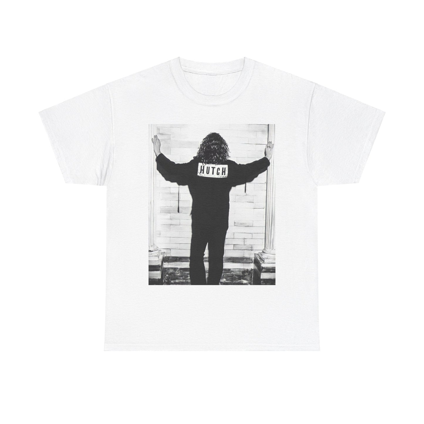 A black graphic t-shirt featuring a graphic of Michael Hutchence from INXS, labeled 'Hutch'.