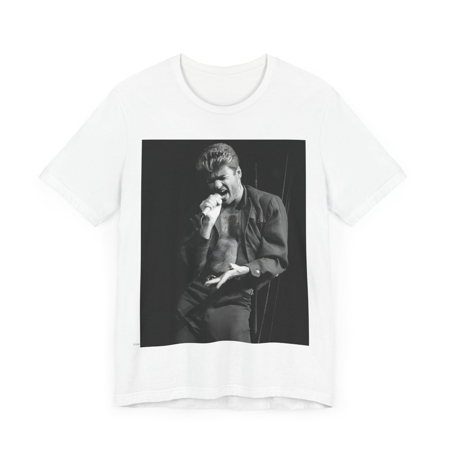 A black graphic t-shirt featuring a glamorous photo or graphic of George Michael performing live.