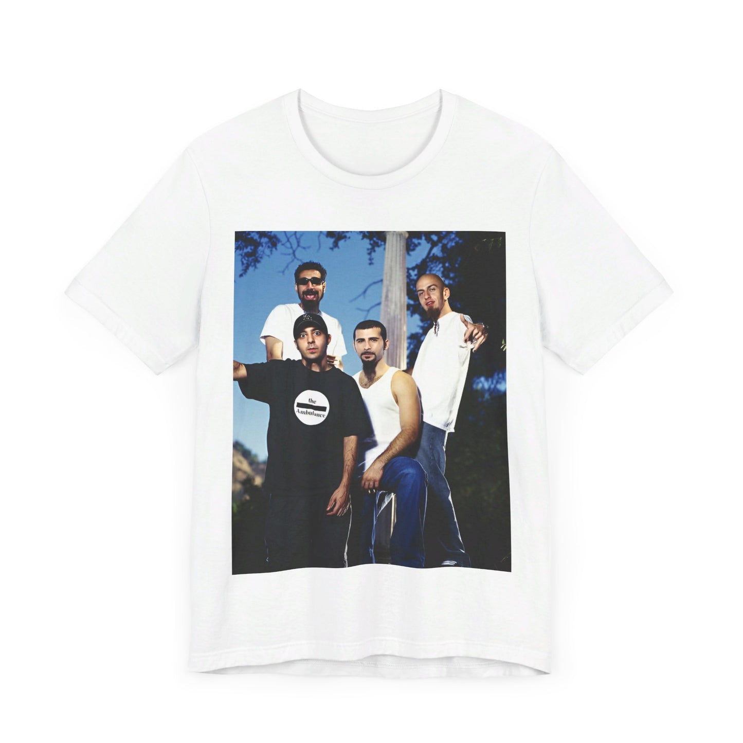A black graphic t-shirt featuring a vintage alt metal graphic of System of a Down.