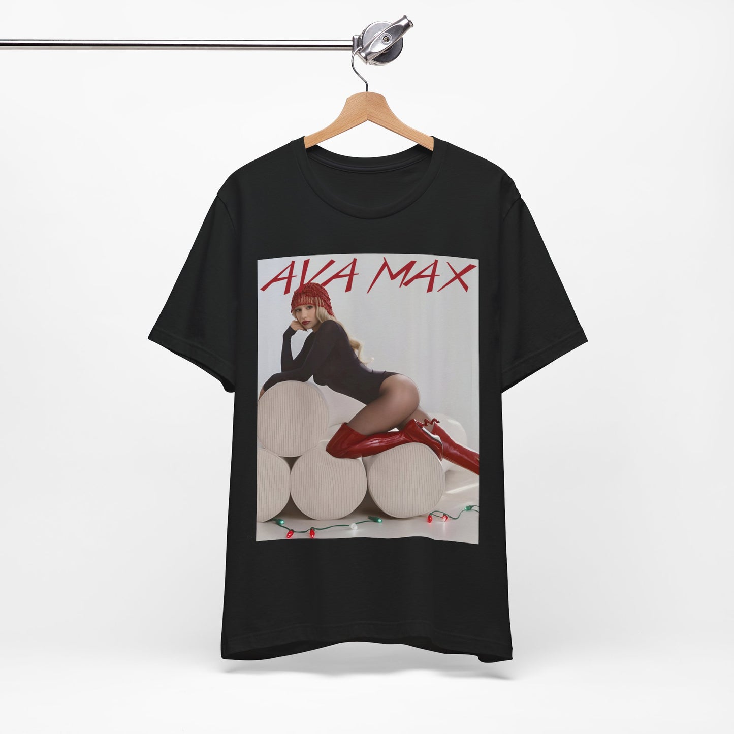 A black graphic t-shirt featuring an artistic or aesthetic graphic of Ava Max.