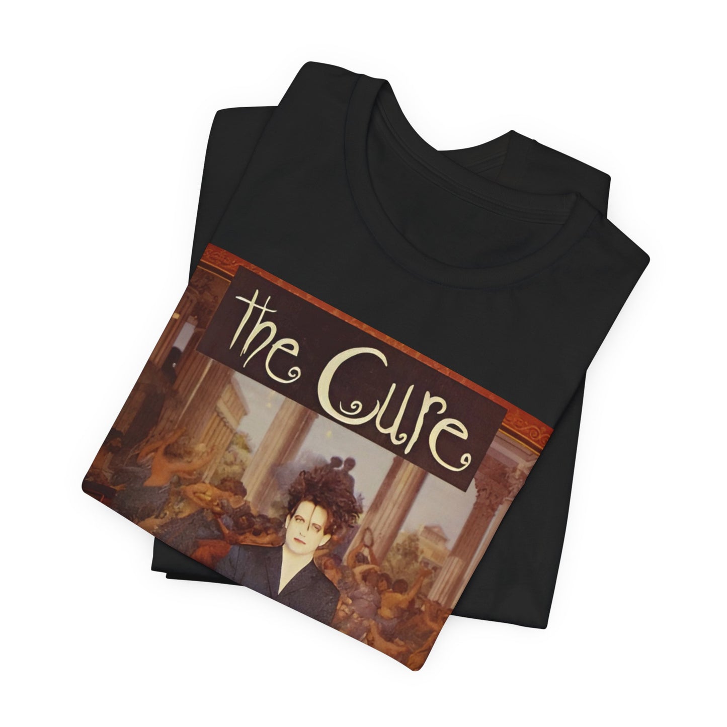 A black graphic t-shirt featuring a graphic of Robert Smith from The Cure as a goth icon.
