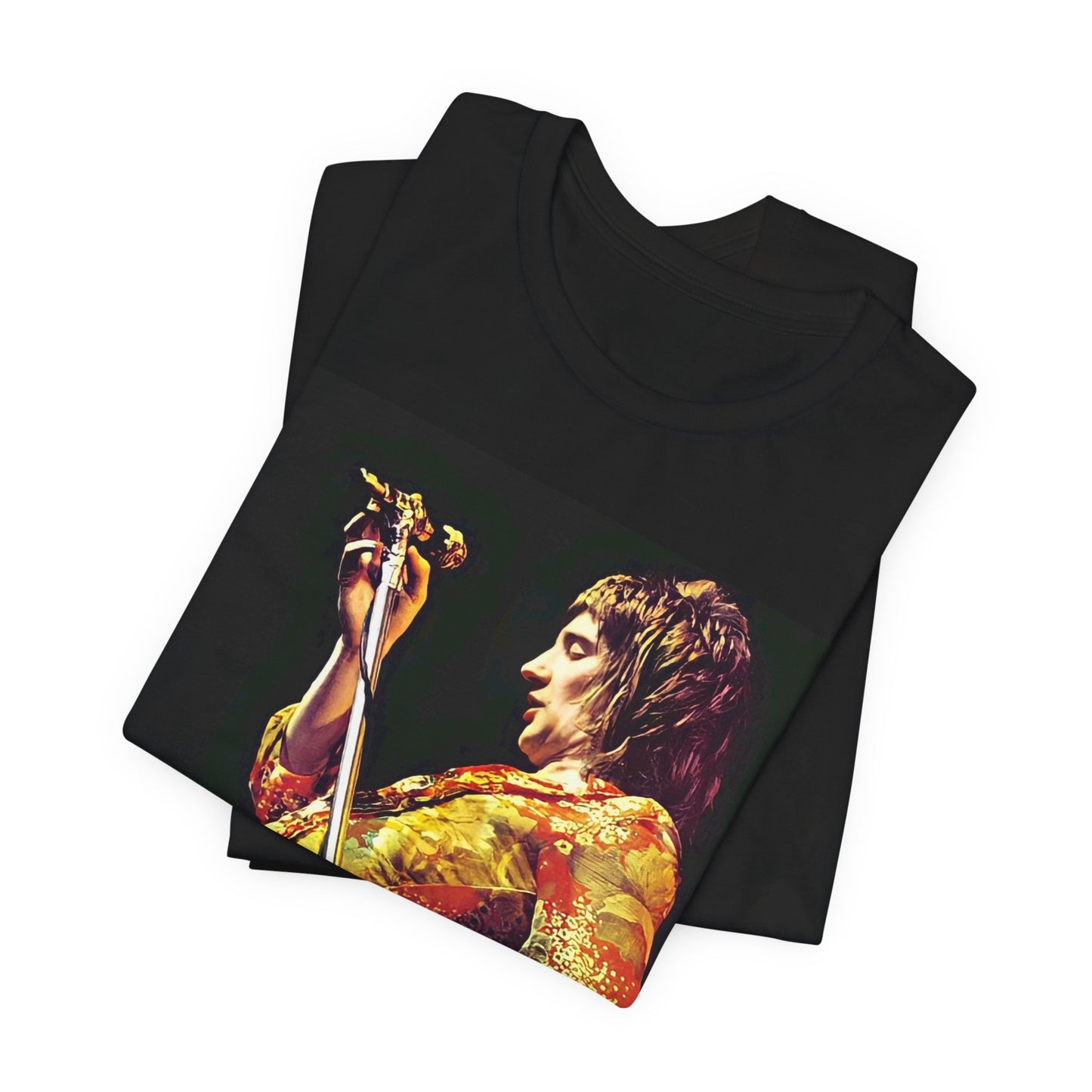 A black graphic t-shirt featuring a retro 70s graphic or photo of Rod Stewart performing live on stage.