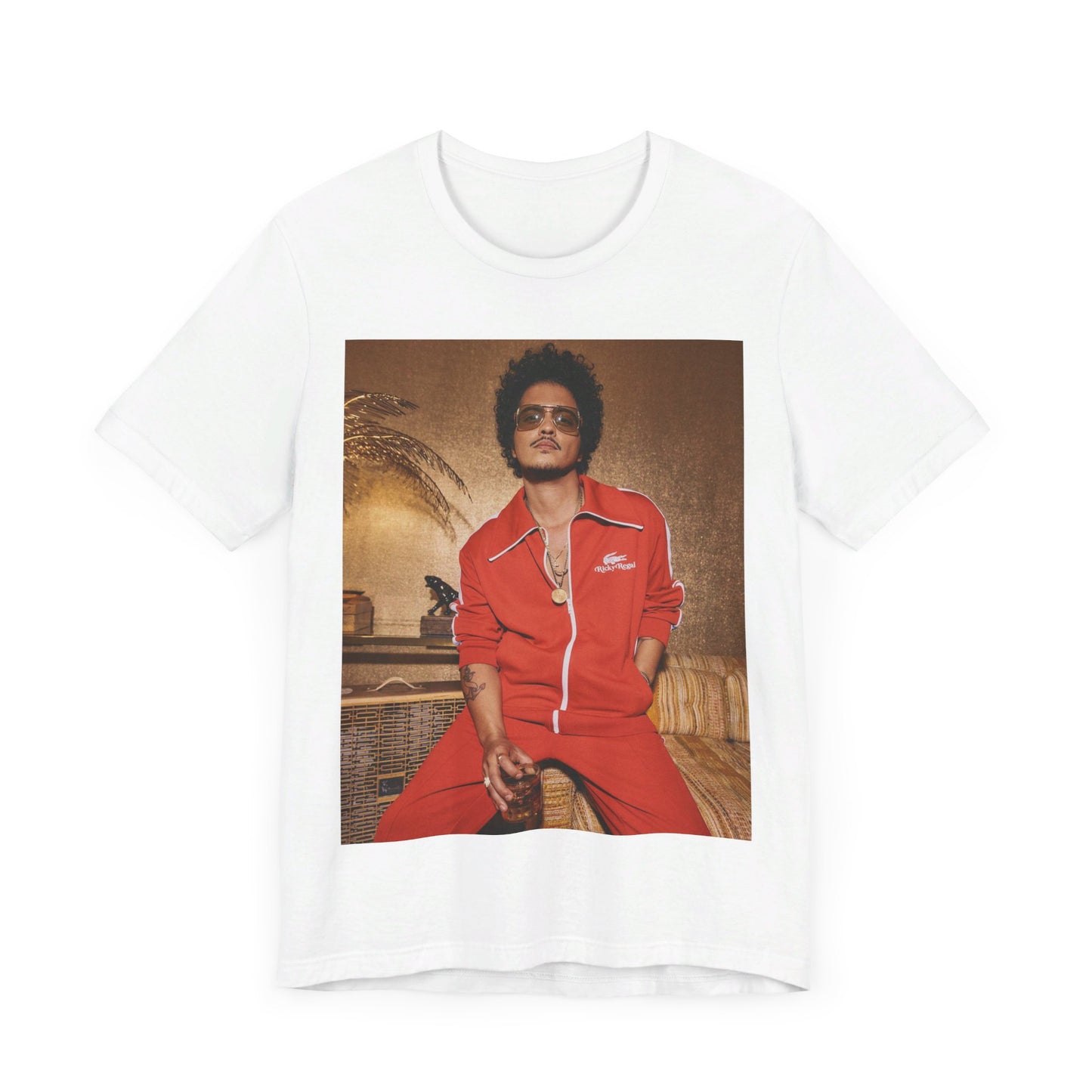 A black graphic t-shirt featuring a graphic of Bruno Mars related to funk and soul revival.