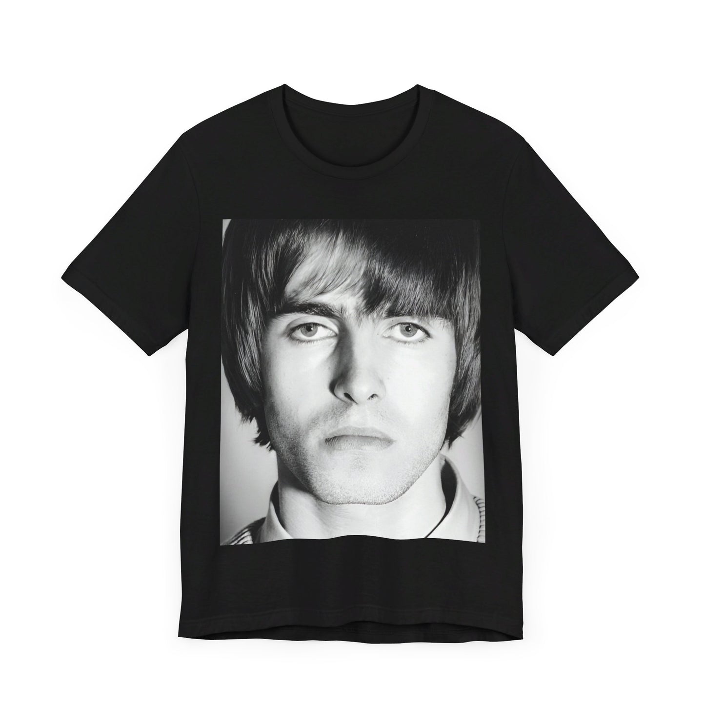 A black graphic t-shirt featuring a 90s portrait photo of Liam Gallagher from Oasis.