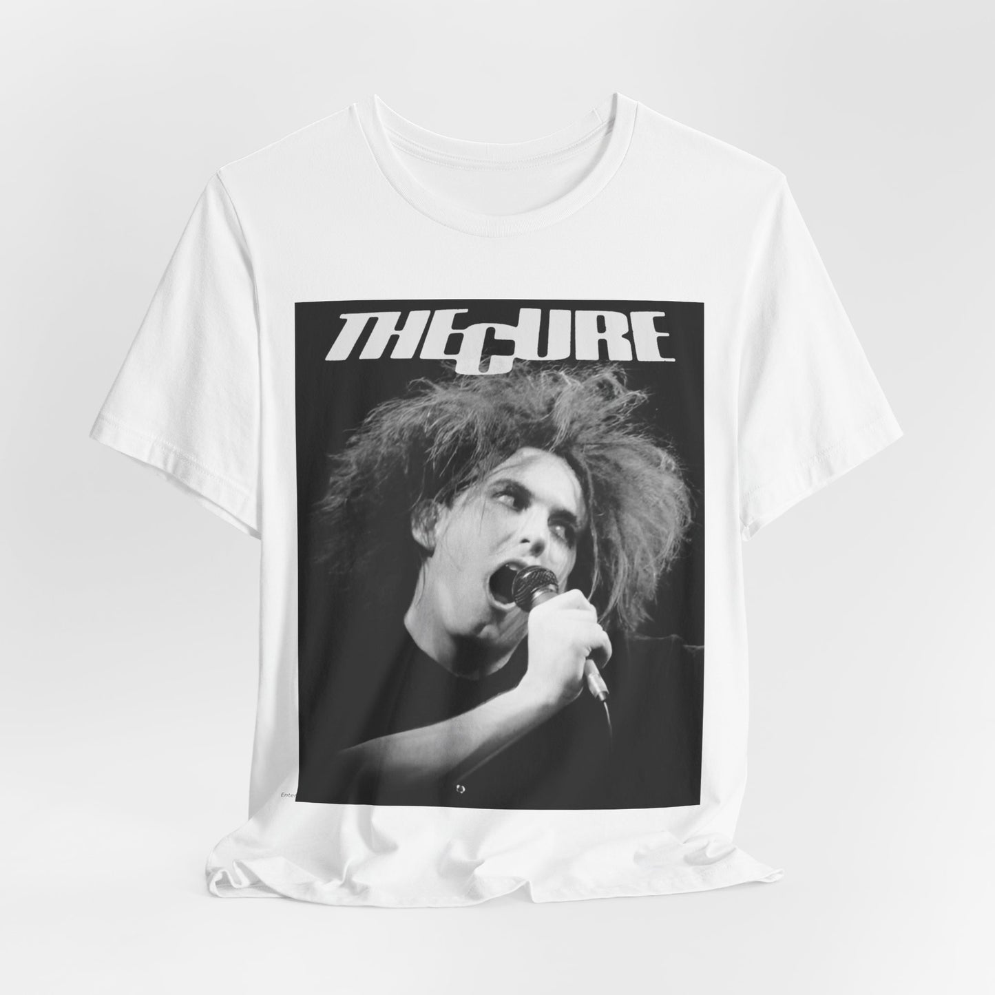 A black graphic t-shirt featuring a graphic of The Cure with a dark romanticism core aesthetic.