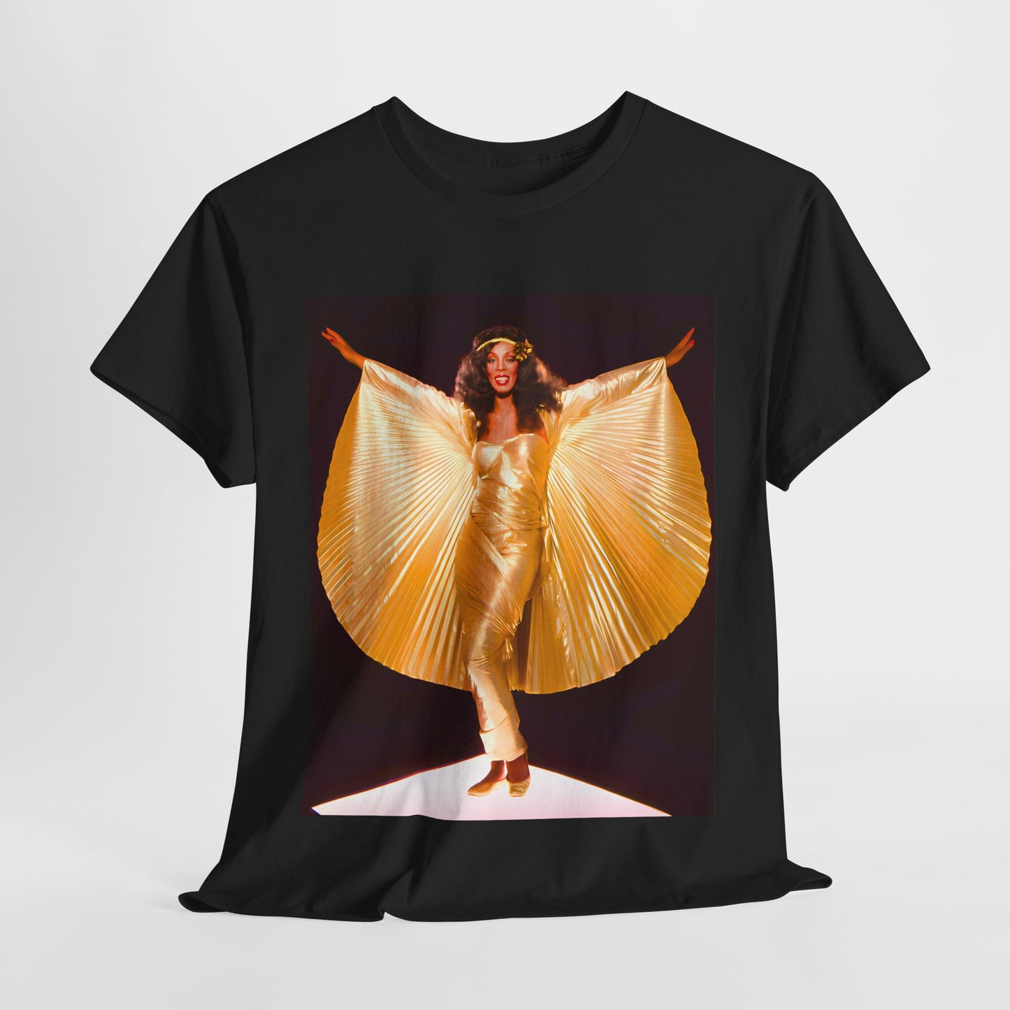 A black graphic t-shirt featuring a vintage graphic of Donna Summer as the Queen of Disco.