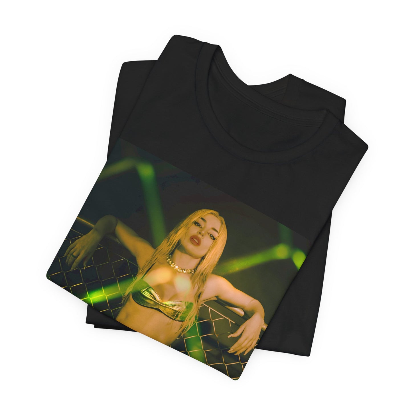 A black graphic t-shirt featuring a graphic of Ava Max with prominent neon green aesthetic elements.