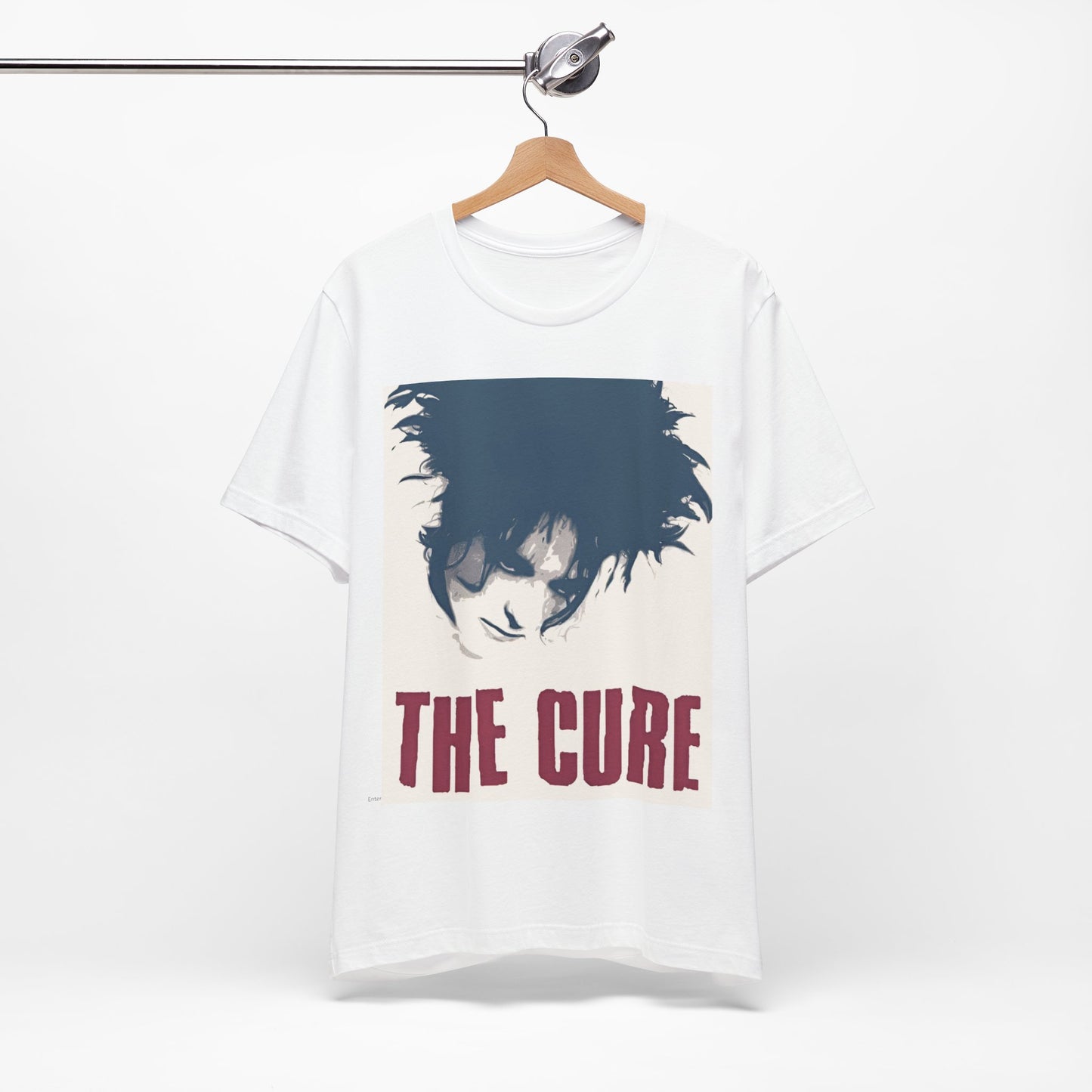A black graphic t-shirt featuring a graphic related to The Cure's 'Boys Don't Cry' song or era.