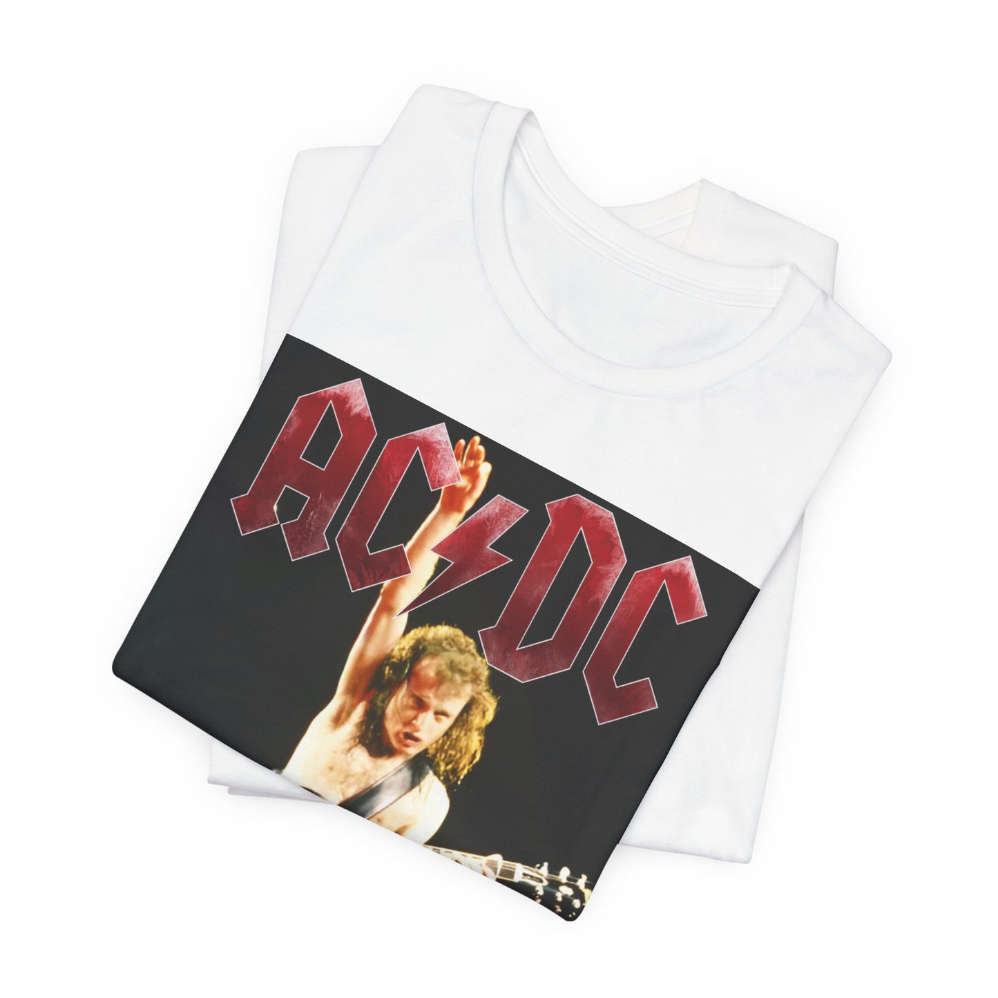 A black graphic t-shirt depicting AC/DC's Angus Young playing guitar while riding on the shoulders of Bon Scott, evocative of their "Highway to Hell" tour performances.