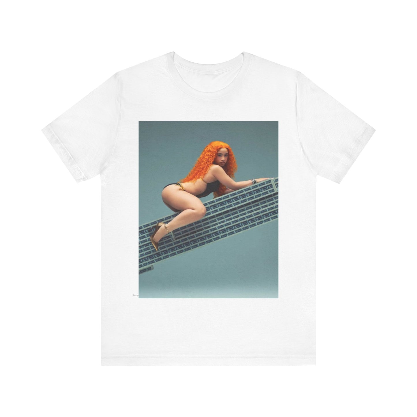 A black graphic t-shirt featuring a graphic of Ice Spice with a chill rap vibe.