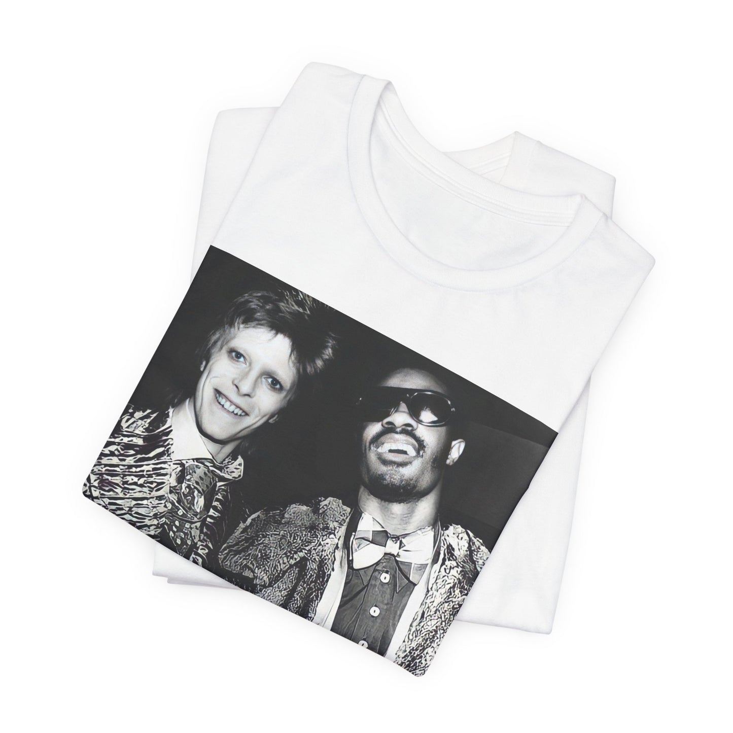 A black graphic t-shirt featuring a retro graphic of Stevie Wonder and David Bowie together.