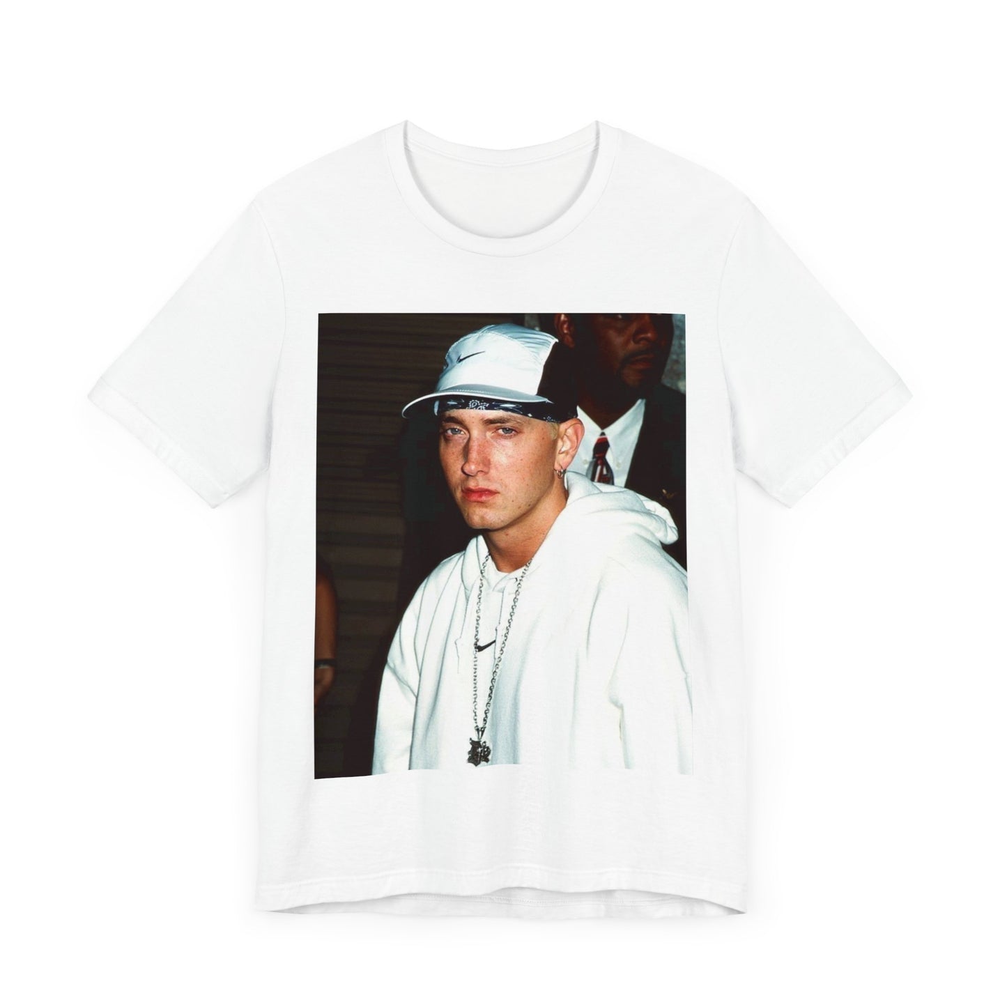 A black graphic t-shirt featuring a retro graphic or photo of Eminem in a backstage setting.
