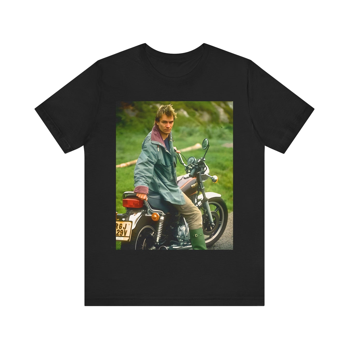 A black graphic t-shirt featuring a graphic of Sting from The Police with a motorcycle theme.