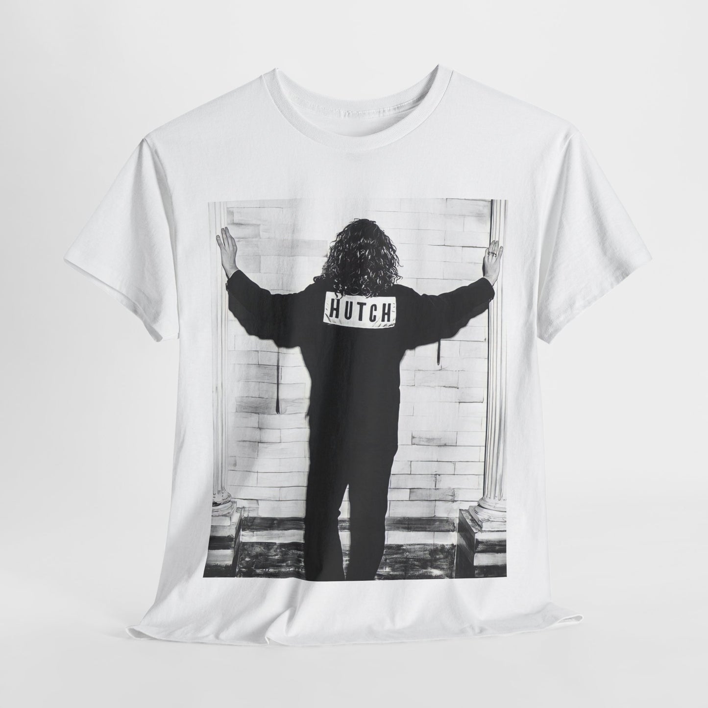 A black graphic t-shirt featuring a graphic of Michael Hutchence from INXS, labeled 'Hutch'.