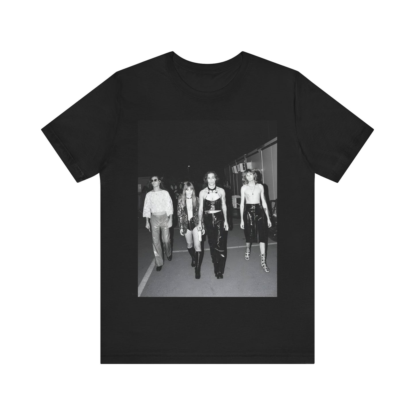 A black graphic t-shirt featuring a black and white, monochrome graphic or photo of Maneskin.