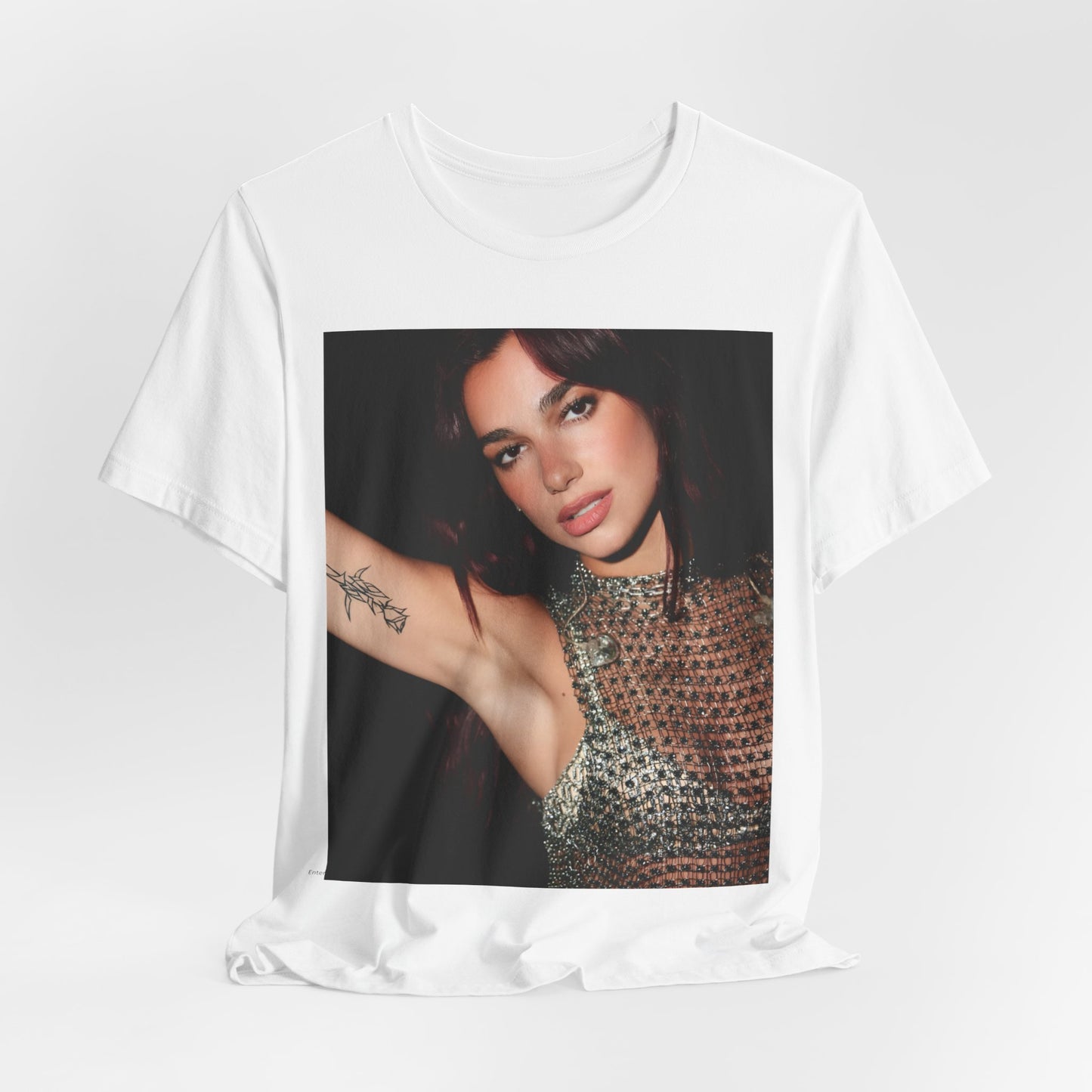 A black graphic t-shirt featuring a retro graphic inspired by Dua Lipa's "Don't Start Now" song.