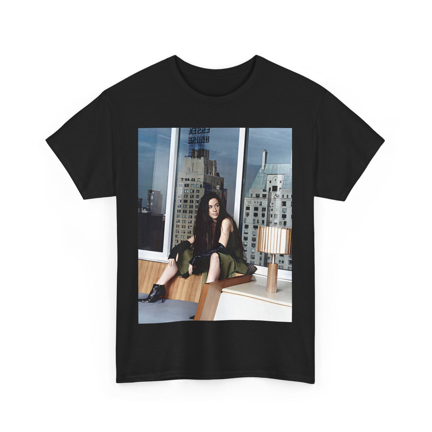 A black graphic t-shirt featuring a photo portrait of Alanis Morissette.
