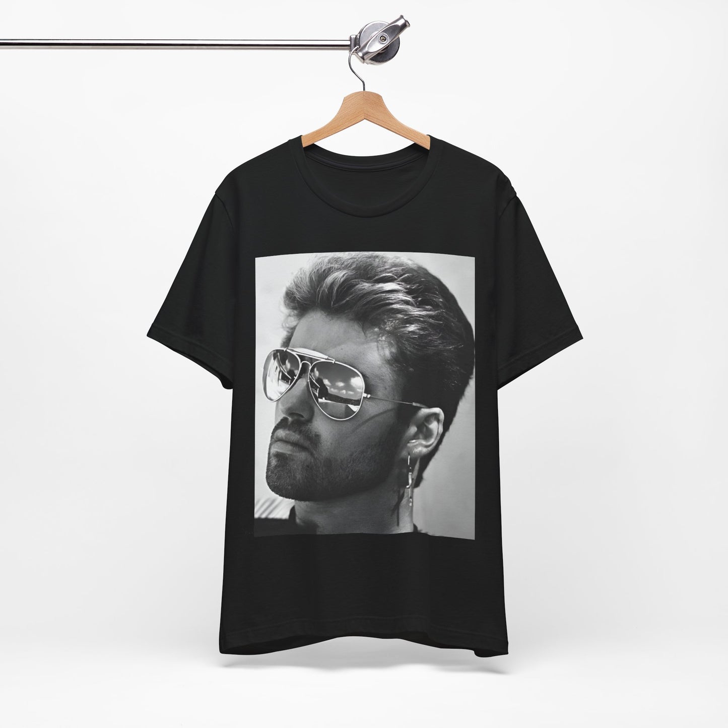 A black graphic t-shirt featuring a photo of George Michael wearing iconic sunglasses.