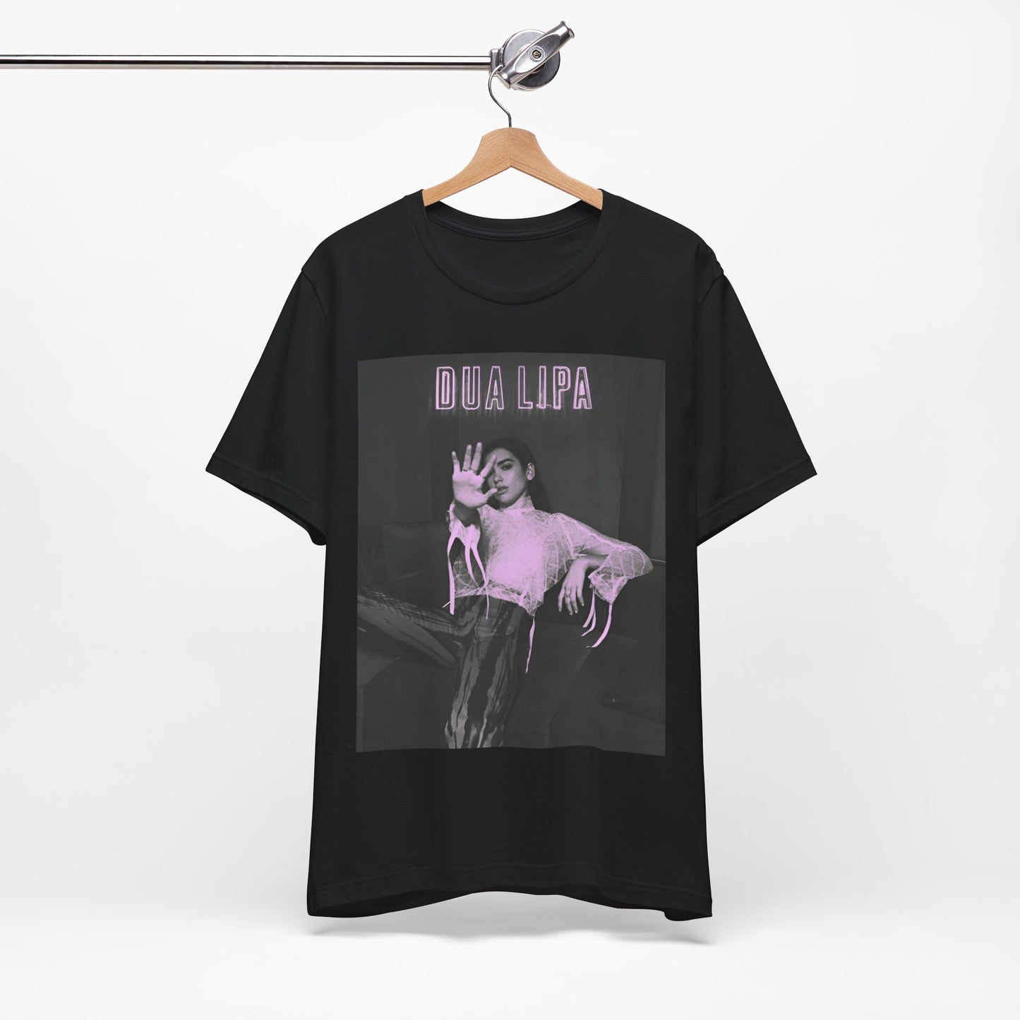A black graphic t-shirt featuring a photo of Dua Lipa with a pink monochrome effect.