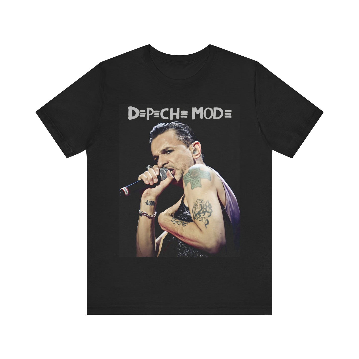 A black graphic t-shirt featuring a graphic of Dave Gahan from Depeche Mode, emphasizing his dynamic stage presence.