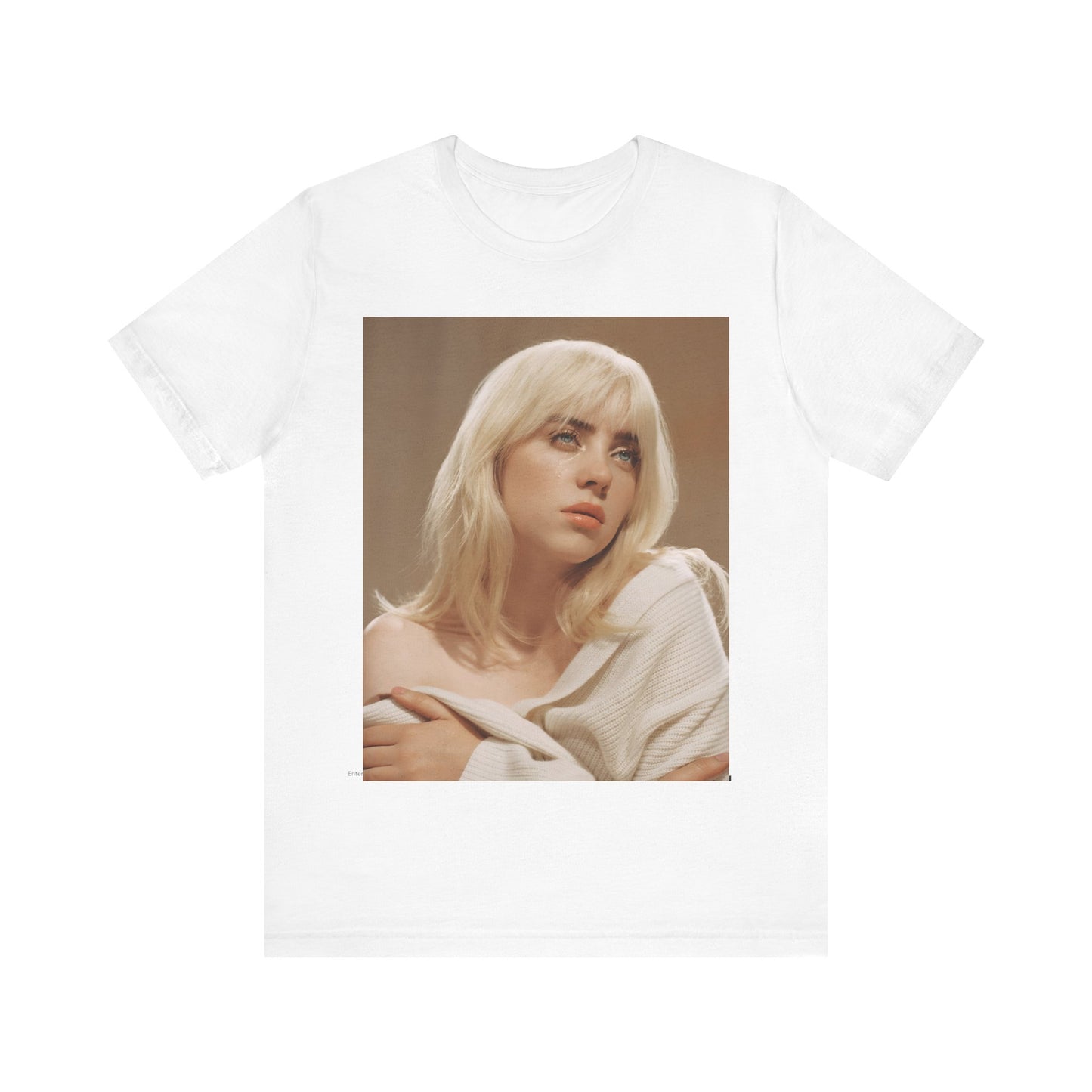 The iconic visual of Billie Eilish with black tears streaming down her face from the 'when the party's over' music video, printed on a t-shirt.