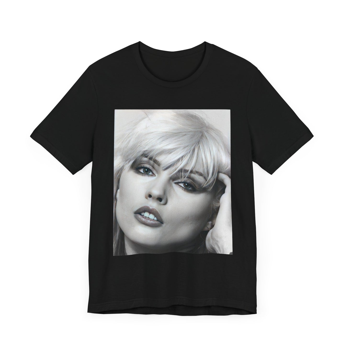 A black graphic t-shirt featuring an iconic black and white portrait photo of Debbie Harry from Blondie.