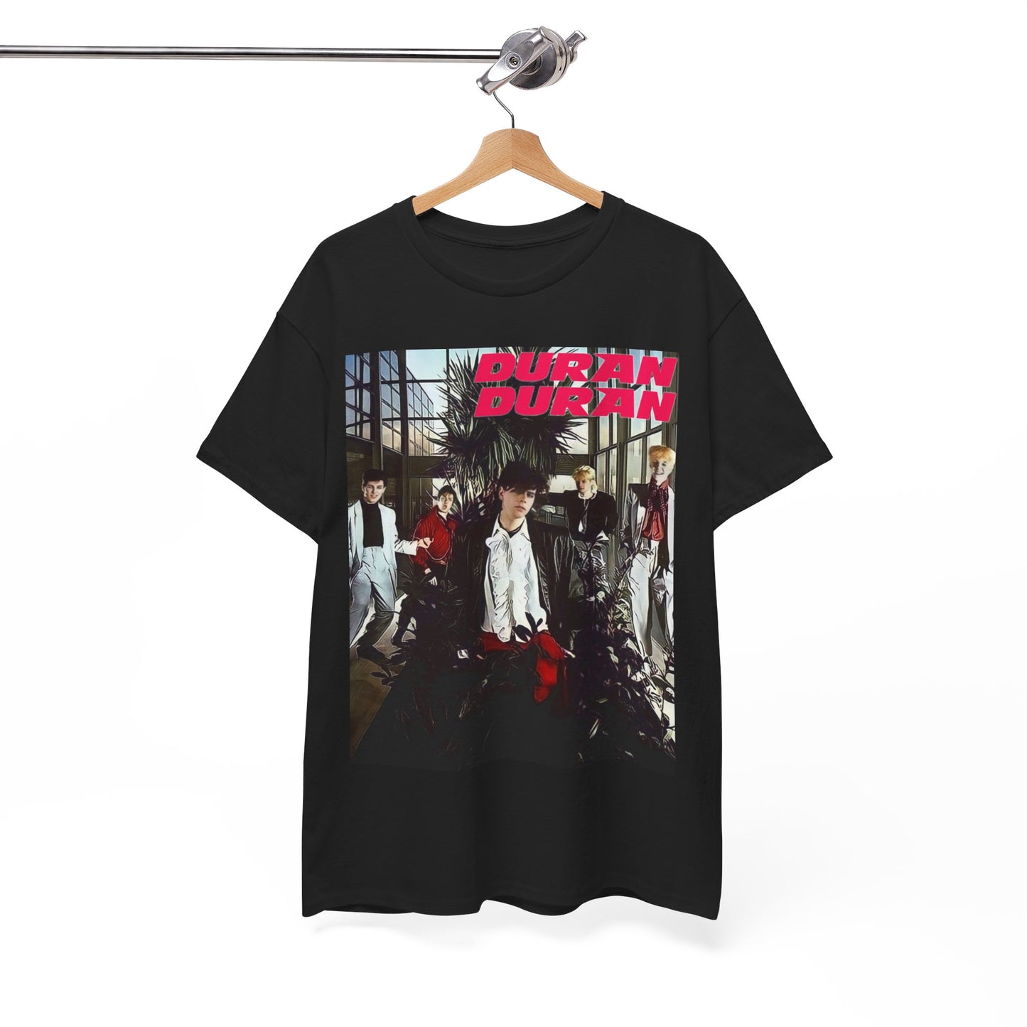 A black graphic t-shirt featuring a graphic of Duran Duran with a chill 80s pop vibe.