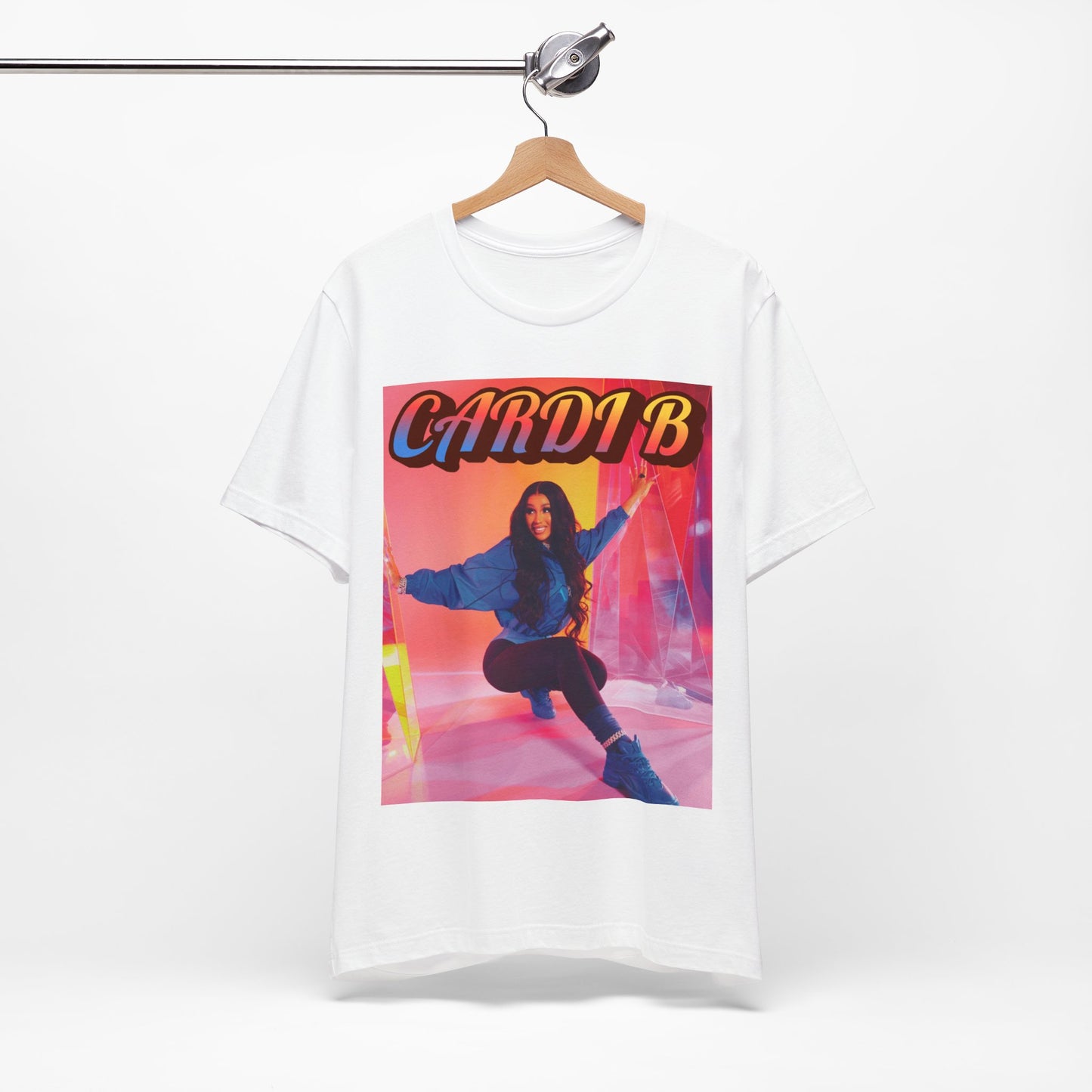 A black graphic t-shirt featuring a graphic of Cardi B, designed with a rap aesthetic.