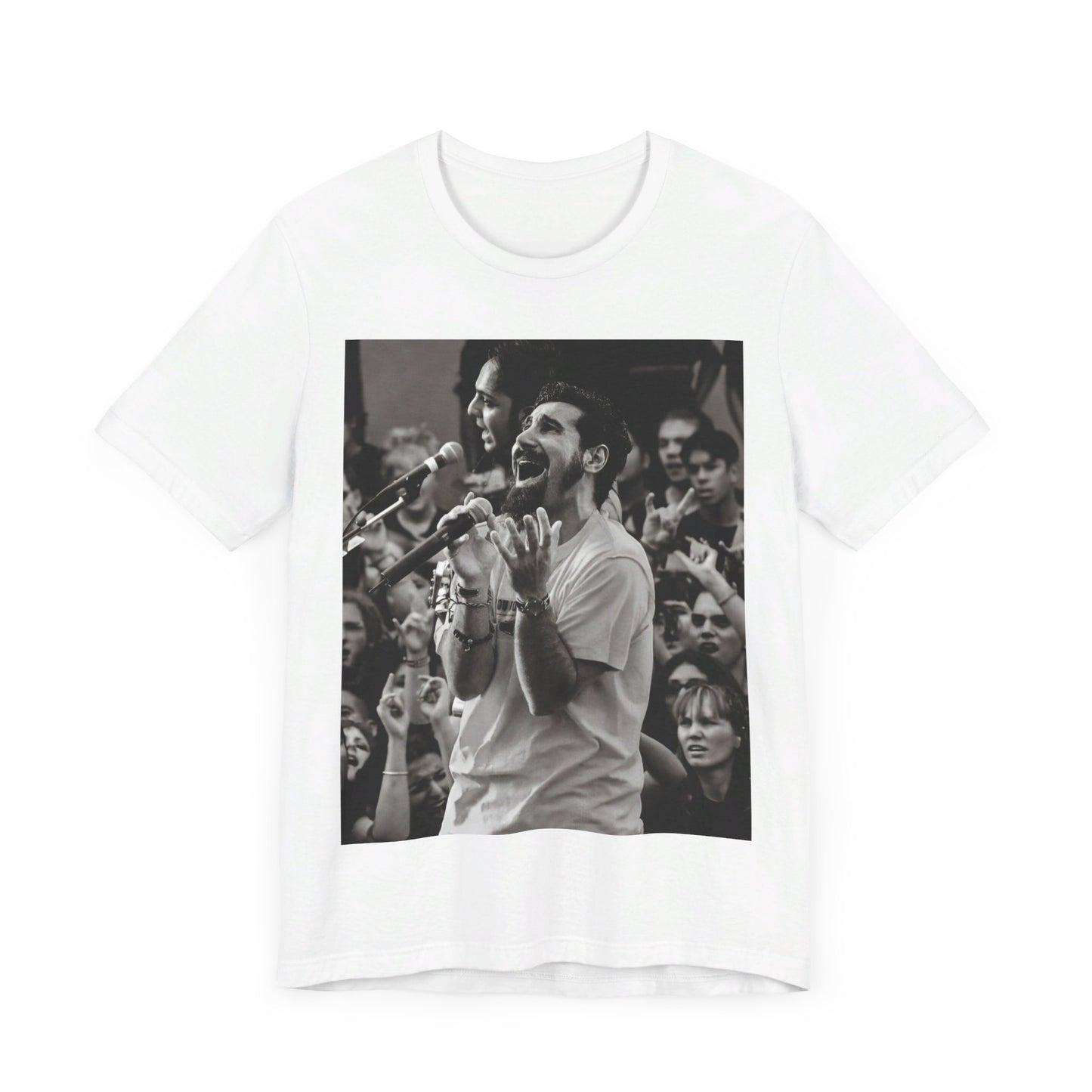 A black graphic t-shirt featuring a black and white portrait photo of Serj Tankian from System of a Down.