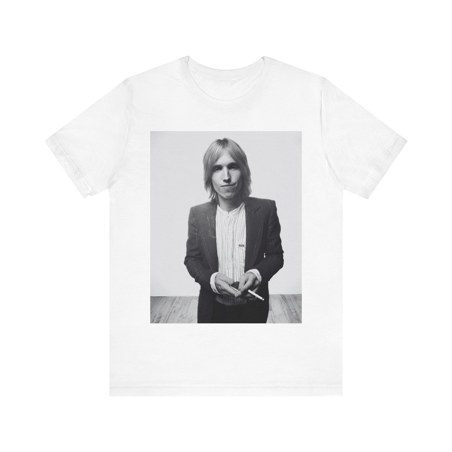 A black graphic t-shirt featuring a graphic of Tom Petty with rock legend vibes.