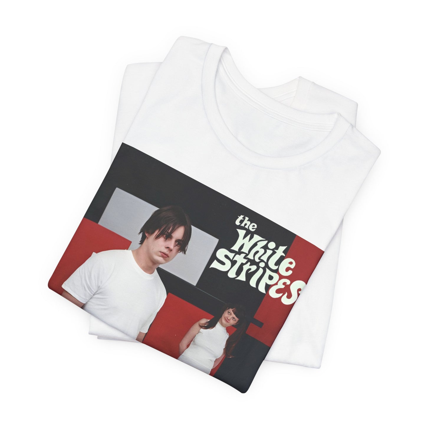 A black graphic t-shirt featuring a red and white aesthetic graphic of The White Stripes.