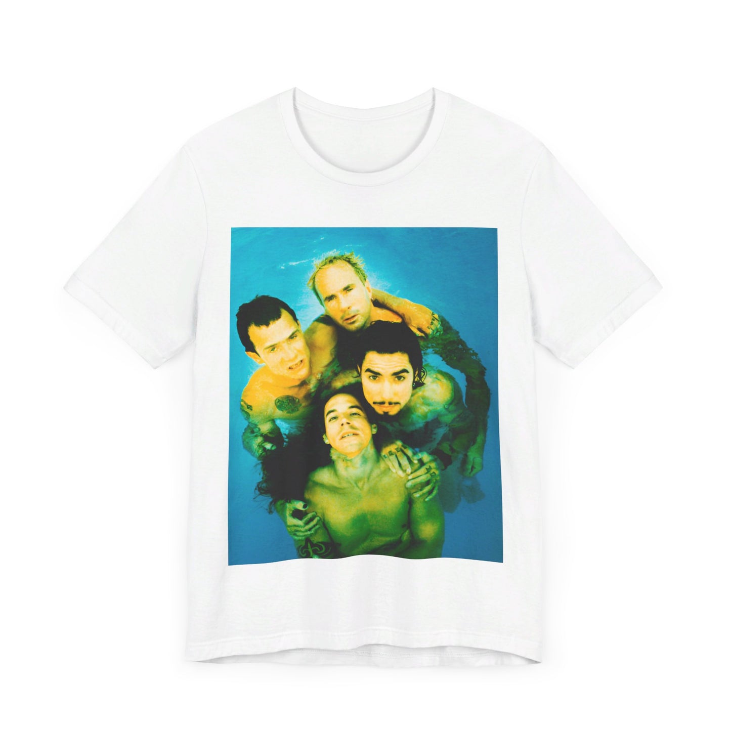 A black graphic t-shirt featuring a photo of Red Hot Chili Peppers band members by a pool.