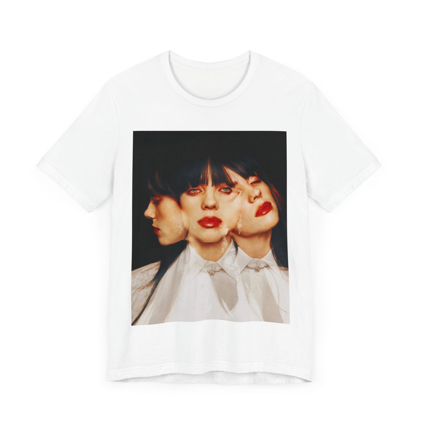 A classic, glamorous portrait of Billie Eilish as a pop star, with blonde hair and a confident gaze, printed on a t-shirt.