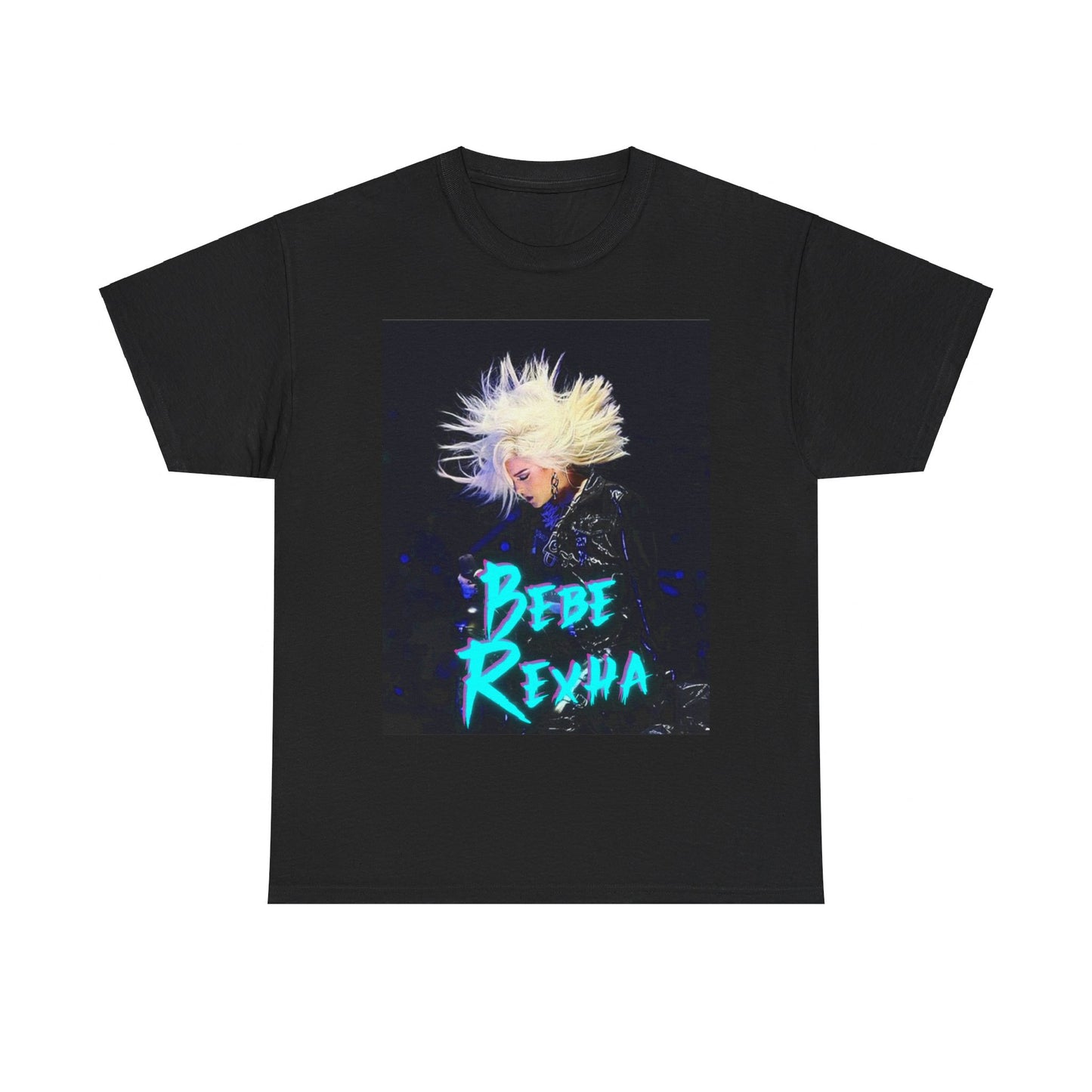 A black graphic t-shirt featuring a retro-style graphic of Bebe Rexha in a posed, aesthetic manner.