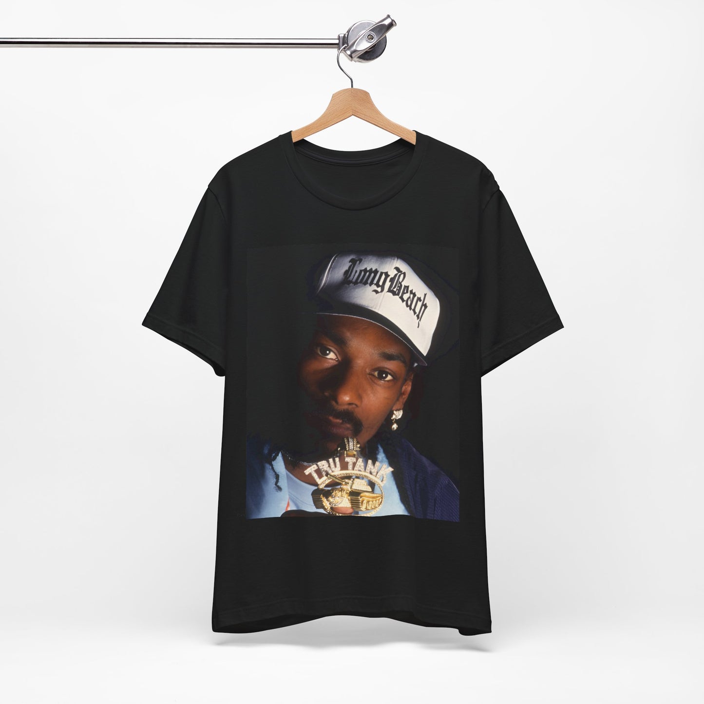 A black graphic t-shirt featuring a graphic of Snoop Dogg as a powerhouse OG rapper.