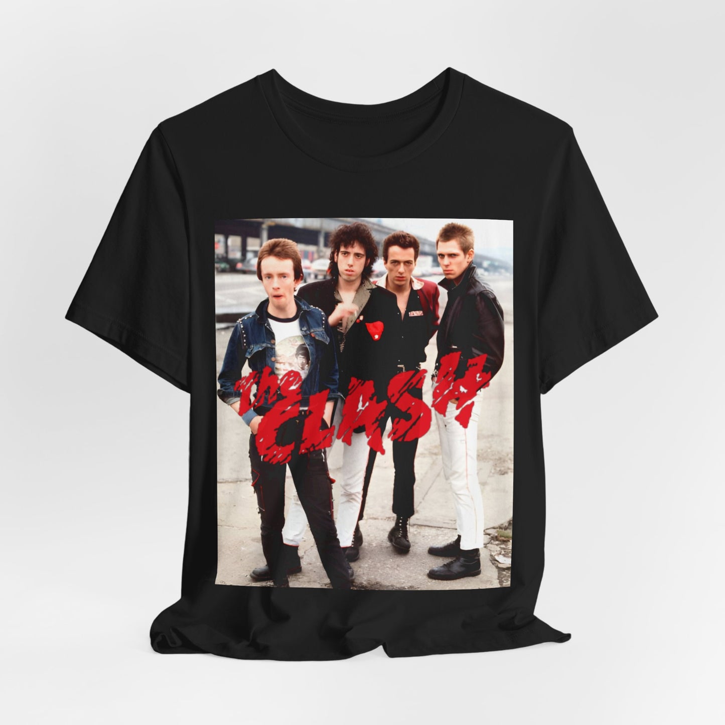 A black graphic t-shirt featuring a graphic of The Clash with an everyday punk style aesthetic.